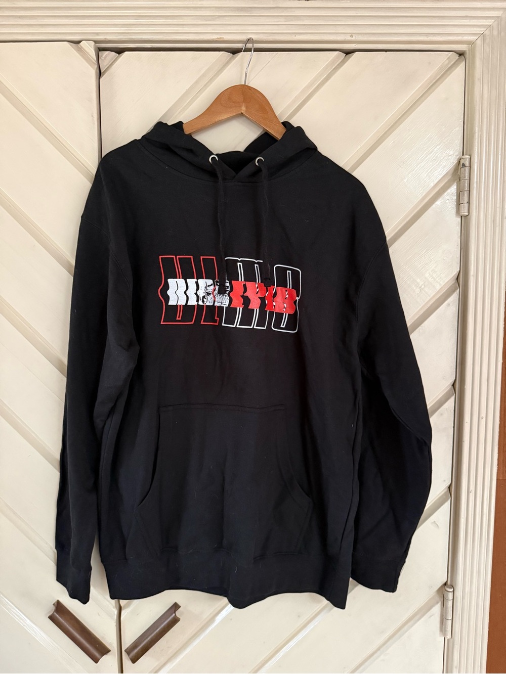 Black Pullover Hoodie with Red & White Chest Graphic